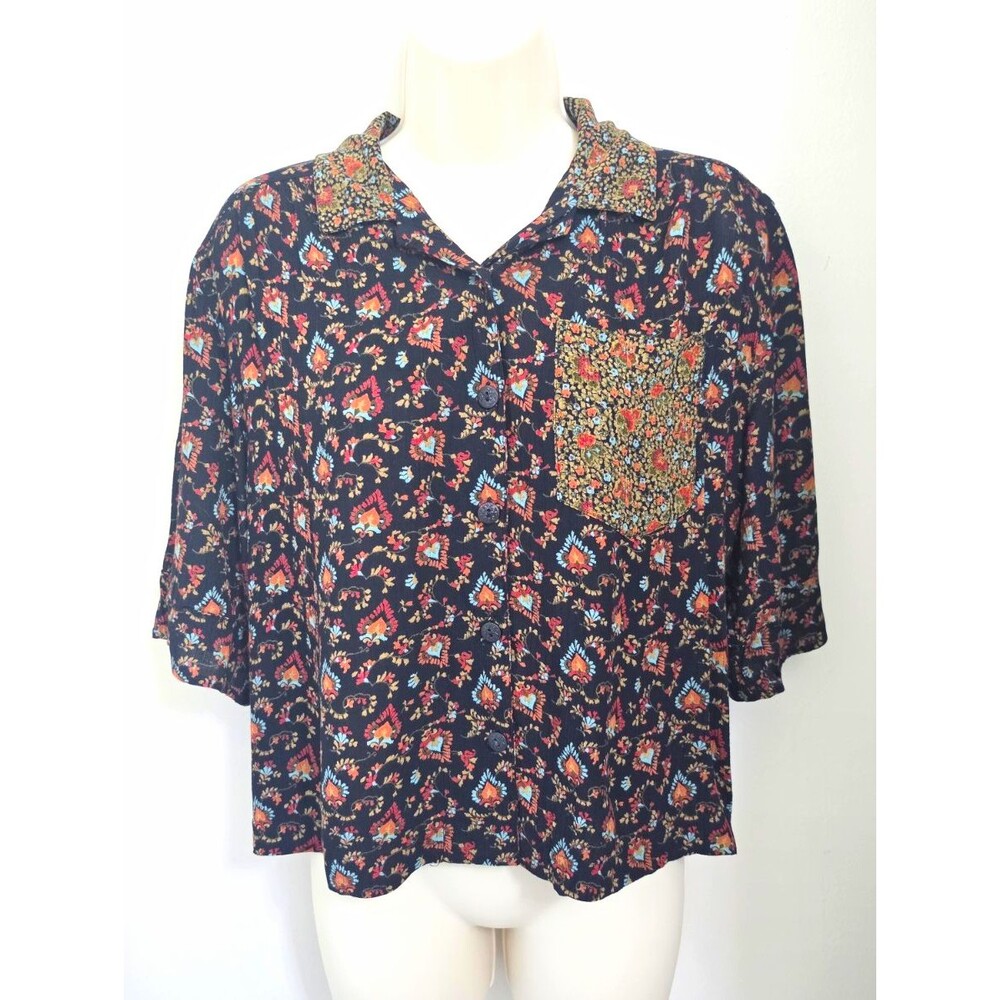 VTG 90s Carole Little Patchwork Ditsy Floral Camp Shirt Blouse Women’s 6 Boho